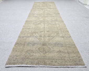 Turkish Runner Rug 3.5x11, Olive Sage Earth Tone Hallway Runner, Faded Wool Kitchen Runner, Tribal Corridor Rug for Dining Room Decor