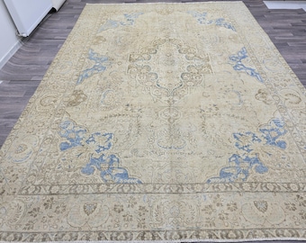 Übergroßer Vintage türkischer Teppich 23x30: Handgeknüpfter Beunruhigter Beige Blauer Teppich