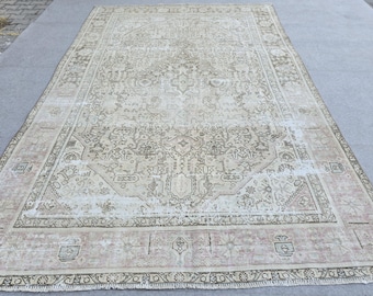 Vintage Rug 7x11, Distressed Blush Pink Beige Wool Area Rug, Geometric Medallion Turkish Carpet for Living Room, Bedroom, Boho Decor