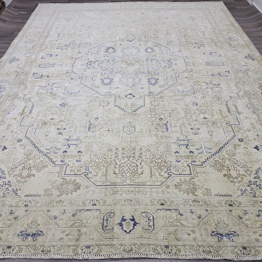 Cream Turkish Rug Antique Turkish Rug 10x12 Blue Cream Medallion Vintage Wool Area Rug ...