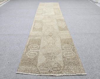 Vintage Rug 3x11 Runner, Turkish Runner Rug for Corridor, Muted Taupe Wool Rug, Greige Laundry Room Decor, Boho Faded Living Room Rug