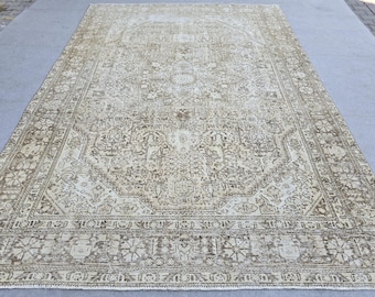 Turkish Rug 8x11, Mushroom Taupe Wool Area Rug, Star Medallion Heriz Style Carpet for Living Room, Dining Room, Bedroom, Boho Decor