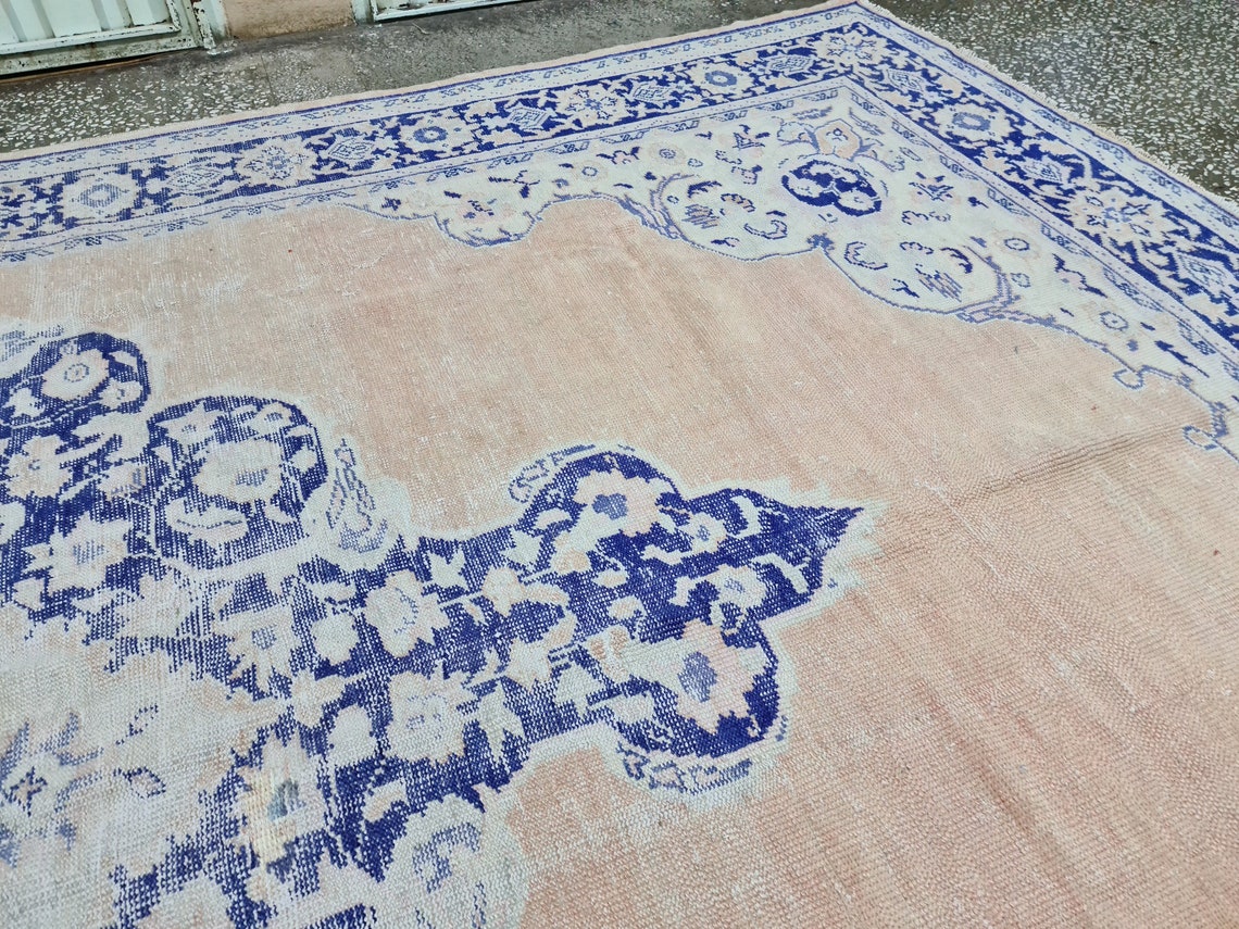 8x12 Faded Blue Rug Handknotted Oushak Carpet Natural Wool Etsy