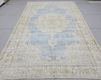Oushak Rug 7x10, Blue Beige Medallion Antique Turkish Carpet, Faded Muted Handknotted Wool Rug for Living Room Office