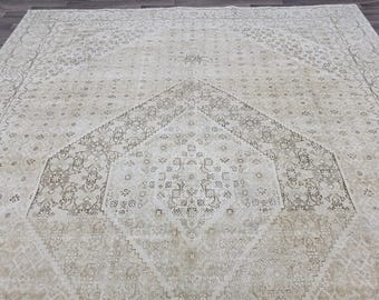 10x12 Oversize Vintage Neutral Oushak Area Rug - Hand Knotted Wool Turkish Area Rug - Big Size Rug for Livingroom and Bedroom - Muted Carpet