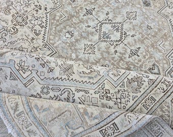 Oushak Rug 8x11, Neutral Vintage Turkish Rug, Beige Wool Area Rug for Living Room, Muted Medallion Rug, Boho Bedroom and Office Decor