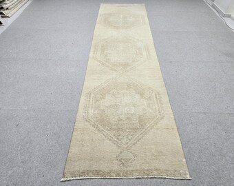 Vintage Runner Rug 3.5x12, Extra Long Sand Beige Hallway Runner, Muted Wool Corridor Rug, Neutral Stair Runner for Living Room Decor