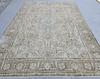 Turkish Rug 8x11, Faded Vintage Wool Area Rug, Neutral Beige Distressed Carpet for Dining Room, Authentic Oriental Rug, Boho Nursery Decor