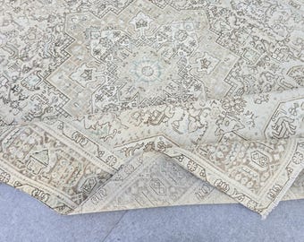 Turkish Rug 9x12, Hand Knotted Vintage Wool Rug, Cream Beige Blue Medallion Area Rug for Living Room, Large Oversized Oriental Carpet