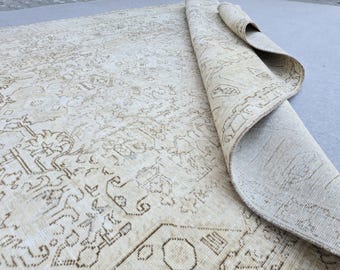 8x11 Large Muted Vintage Rug, Neutral Beige Turkish Area Rug, Faded Oushak Style Wool Carpet for Living Room, Oversized Boho Rug