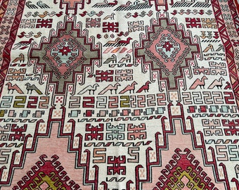 4x6 Soumak tapijt Zijde - Handgeweven decoratief tapijt - Vintage Accent Rug - Antolian Rug - Animal Print Rug - Roze en Crème Rug