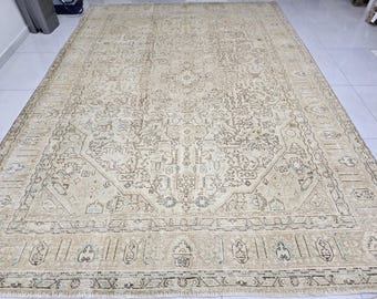 Oushak Rug 8x11, Faded Oatmeal Beige Turkish Area Rug with Soft Blue Accents, Hand Knotted Wool Carpet for Dining Room, Bedroom