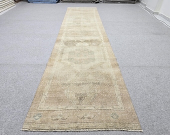 Oushak Runner Rug 3x13, Faded Apricot Beige Hallway Runner, Extra Long Wool Kitchen Runner, Soft Sage Entry Rug for Home Office Decor