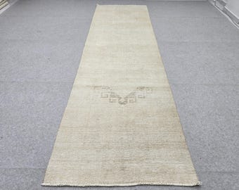 Vintage Runner Rug 3.5x11, Ivory Oushak Hallway Runner, Minimal Plain Wool Corridor Rug, Wide Cream Stair Runner for Bedroom Decor