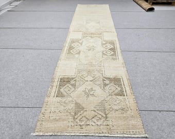 Turkish Rug 3x10 Wool Runner Rug for Narrow Hall, Star Medallion Tribal Carpet, Earth tone Brown Rug, Boho Decor