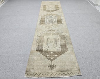 Vintage Runner Rug 3x12, Cream and Brown Medallion Hallway Runner, Long Wool Living Room Rug, Neutral Corridor Runner for 12 ft Decor