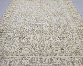 Alfombra turca vintage Oushak de 2,4 x 3,35 m: Alfombra de área de lana y algodón anudada a mano.