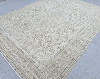Oushak Rug 8x10, Vintage Hand Knotted Wool Rug, Faded Ivory  Area Rug for Dining Room, Neutral Antique Carpet, Coastal Decor