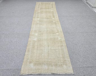 Turkish Runner Rug 3x11, Faded Oatmeal Hallway Runner, Vintage Wool Kitchen Runner Rug, Neutral Boho Corridor Rug for Entryway Decor