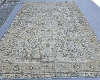 Vintage Rug 8x11, Mocha Brown Turkish Area Rug, Faded Hand Knotted Wool Carpet, Neutral Medallion Rug for Living Room, Office Decor