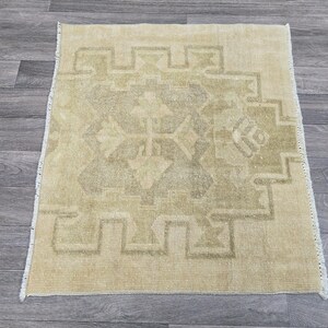 May include: A small, rectangular rug with a geometric pattern in shades of beige and olive green. The rug has a fringe on two sides and is placed on a wooden floor.