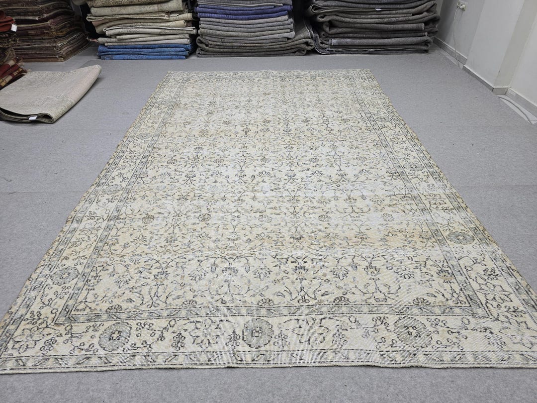 Vintage Rug 7x11, Cream Beige Floral Turkish Carpet, Handknotted Wool ...