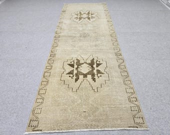 Turkish Rug 3.5x10 Runner, Wheat Brown Wool Rug for Entryway, Tribal Star Medallion Carpet, Neutral Stair Runner, Rustic Dining Decor