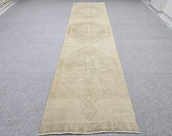 Vintage Rug 3.2x13 Extra Long Runner,  Wool Rug runner for Foyer, Faded Hexagon Turkish Rug runner, Guest Room Rug, Cottagecore Den Decor