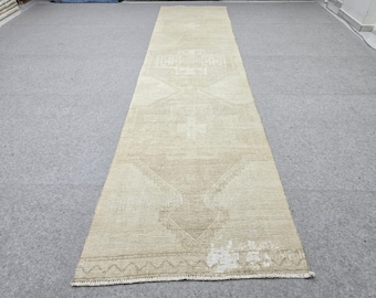 Turkish Rug 3x12 Narrow Runner, Parchment Beige Wool Rug, Extra Long Galley Kitchen Carpet,  Vintage Hallway Runner Rug, Coastal Decor Rug