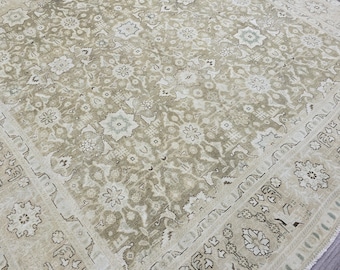 Alfombra turca vintage Oushak de 8x10: Lana tejida a mano, decoración bohemia neutra.