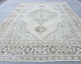 Turkish Rug 8x10, Sand Beige Vintage Area Rug, Hand Knotted Brown Neutral Wool Tribal Medallion Carpet for Living Room, Retro Nursery Decor