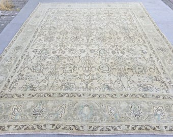 Turkish Rug 10x12, Neutral Oushak Rug, Sage Green Beige Rug, Hand Knotted Large Wool Carpet, Vintage Living Room Rug, Boho Decor