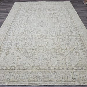 8x10 Vintage Oushak Rug - Neutral Cream Beige Turkish Rug / Muted Oushak Rug 8x10 / Aesthetic Bedroom Rug/ Ivory Taupe Brown Geometric Rug