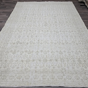 7x10 Neutral Oushak Turkish Area Rug/ Cream Vintage Rug/ Beige Wool Rug for Dining room and Bedroom/ Muted Oriental Carpet/ Floral Faded Rug
