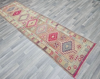 Vintage Herki Wool Runner Rug: 3x10 Muted Anatolian Hallway Decor