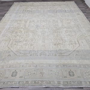 Vintage Oushak Area Rug 9.5x12 - Large Neutral Beige Turkish Wool Rug, Geometric Design, Antique Persian Style Carpet for Living Room