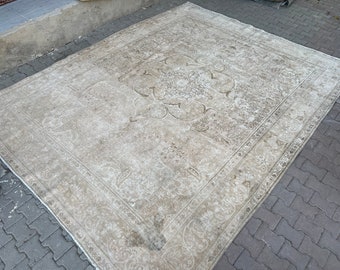 10x13 Neutral Antique Area Rug/ Distressed Wool Turkish Oushak Rug /10.10x12.80 feet