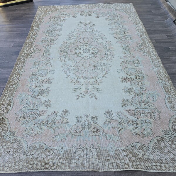 6x9 Vintage Turkish Area Rug Neutral Pink Cream Brown //5.80x9.50 feet