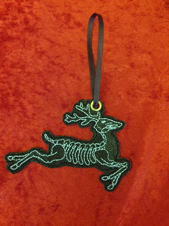 Glitter Vinyl Skeleton Reindeer Ornament, Goth Christmas Decor