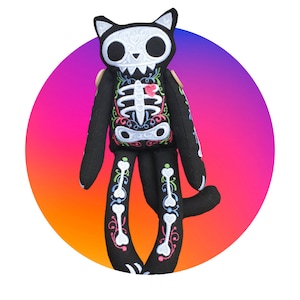 Day Of The Dead Cat , Sugar Skull Cat , Stuffed Cat   ,Skelekitty Doll ,sugar skull black cat,