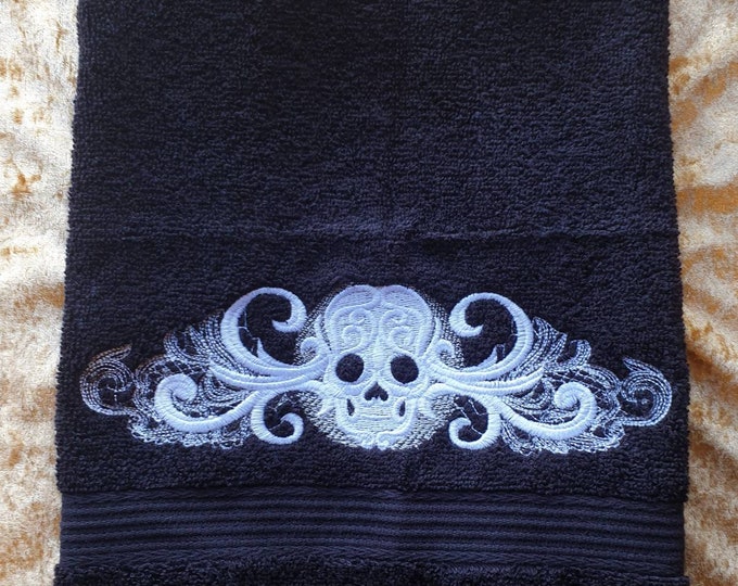Featured listing image: Skull Embroidery, Hand Towel ,Gothic ,Halloween, Bathroom ,Alternative, Goth Bathroom , Kitchen ,