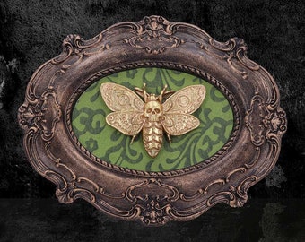 Death Head Moth Wall Plaque, Bronze Baroque Frame, Gothic Picture