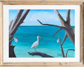 Fine Art Giclee Print. Oil Painting of Florida Ibis Bird at Beach on Driftwood with Shells and blue water. Coastal, Tropical, Beachy!