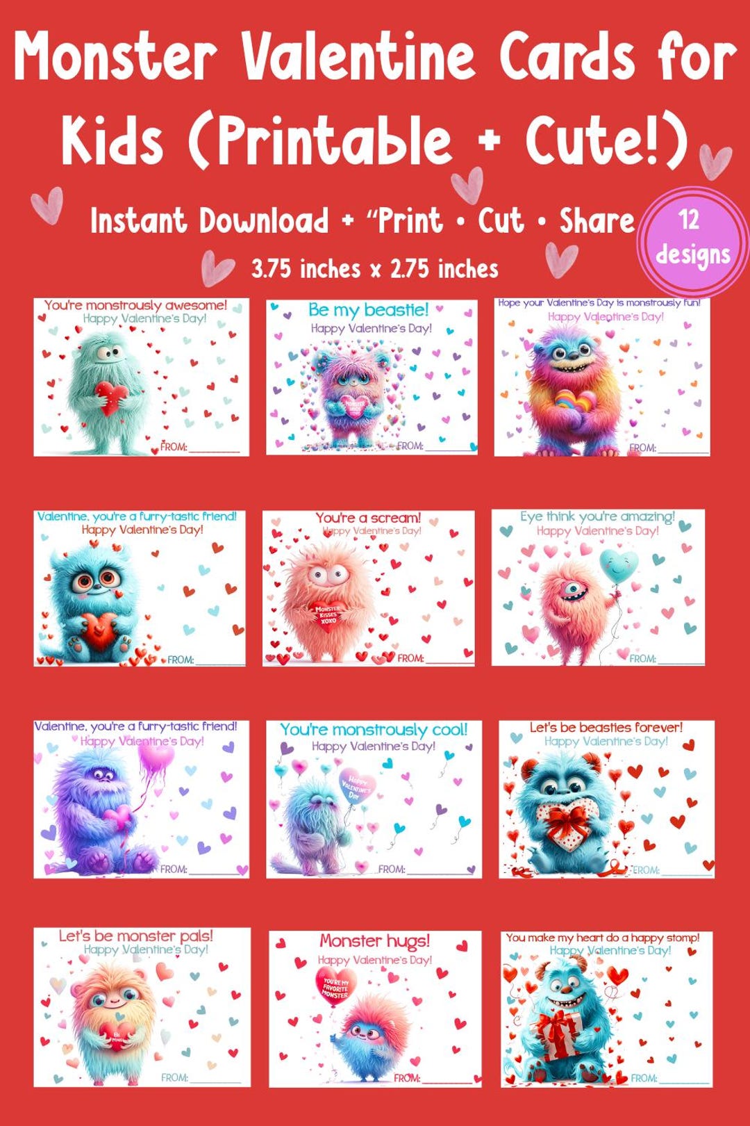 Monster Valentines for Kids Printable,classroom Valentine Cards,cute ...