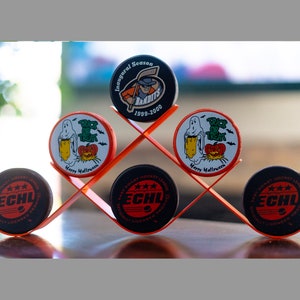 Ice Hockey Puck Rack  - Displays 6 Hockey Pucks,  Made in USA, Ice Hockey Puck Display, Puck Holder, Sports Memorabilia Game Puck
