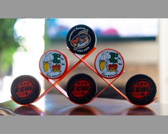 Ice Hockey Puck Rack  - Displays 6 Hockey Pucks,  Made in USA, Ice Hockey Puck Display, Puck Holder, Sports Memorabilia Game Puck