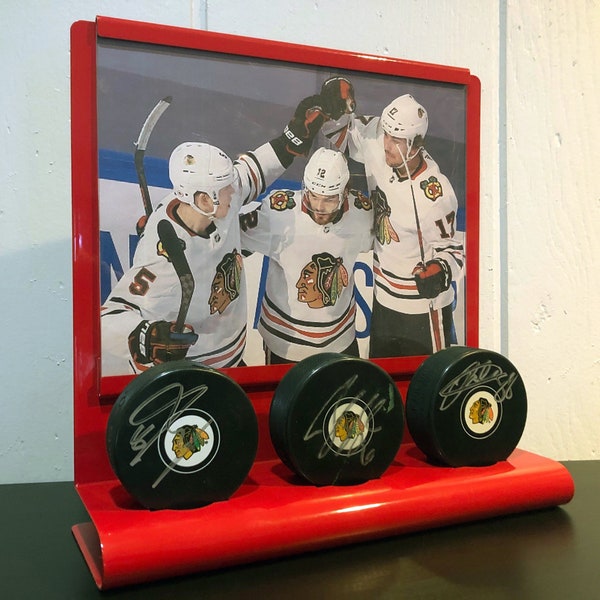 Ice Hockey Puck Team Photo Frame Blue - Hockey Puck Display - Metal Photo Frame  -  Made in USA - Autographed Hockey Puck