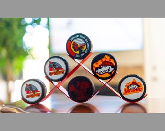 Metal Hockey Display Puck Holder - Holds 6 Pucks,  Made in USA,  Sports Memorabilia Souvenir Game Puck, Custom Collector, Great Hockey Gift