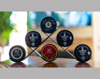 Hockey Puck Holder Black - Displays 6 Hockey Pucks,  Made in USA, Ice Hockey Puck Holder,  Sports Memorabilia Game Puck
