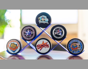 Metal Hockey Puck Holder, Puck Rack Display for 6 Hockey Pucks, Made in USA, Ice Hockey Display,  Sports Memorabilia Game Puck, Autograph